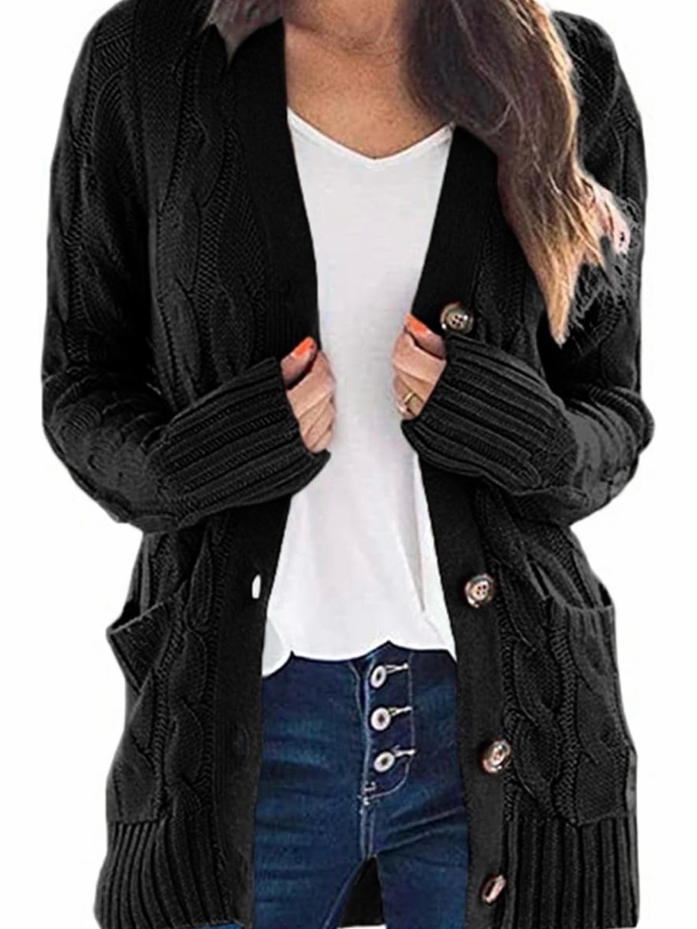 Pretty garden Black chunky Cable-Knit Button Front Women's Cardigan